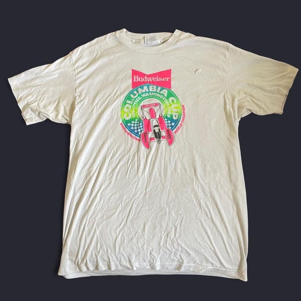 Vintage 1989 Budweiser Columbia Cup Race T-Shirt,‎ Hanes 50/50, XL — Made in US